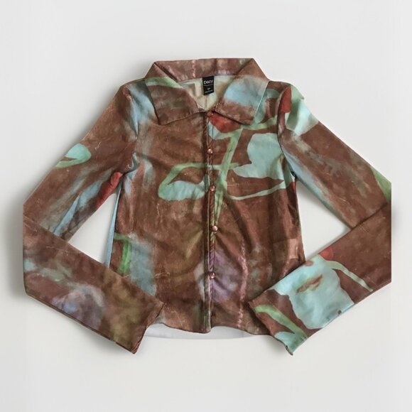 Dazy Abstract Print Sheer Long Sleeve Retro Top Size Small - Picture 1 of 4